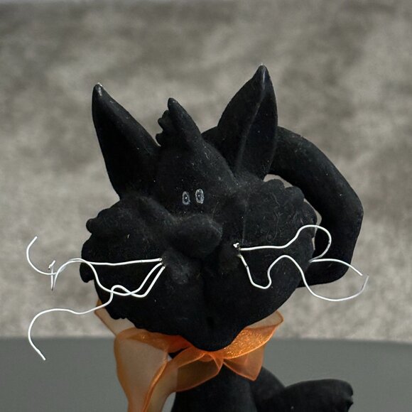 Set 2 Black Flocked Felt Whimsical Halloween Velvet Festive Cats Felines 9" Tall - Picture 4 of 5